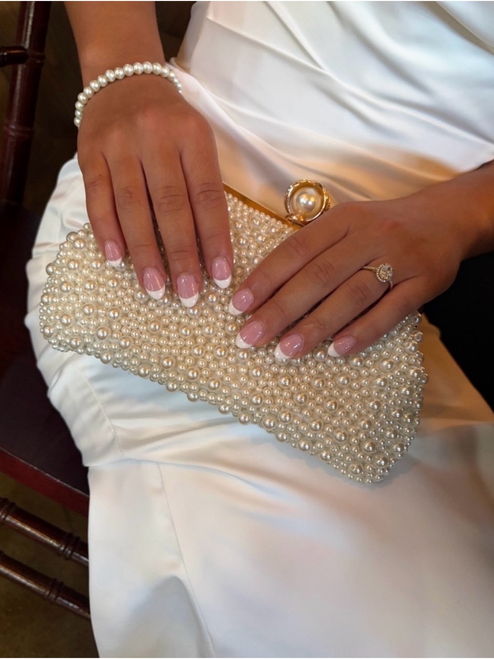 Pearl Beaded Clutch Bag - Cream with gold features and detachable gold chain